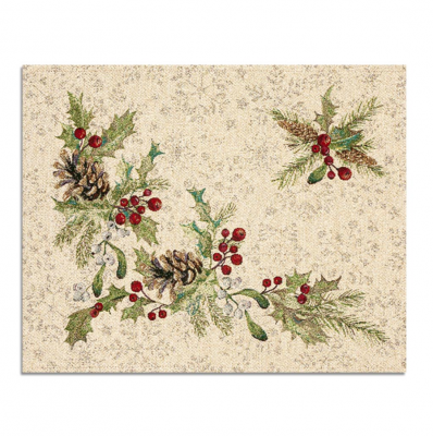 2310693 Салфетка декоративная 40*50см, набор 2 штуки, принт Еловый венок. Снежинки, золото, гобелен